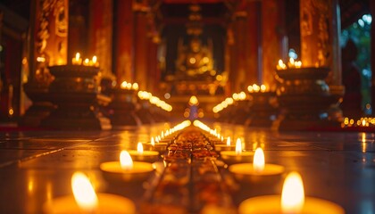 Illuminated Temple Path: Rows of Candles Leading to a Buddha Statue