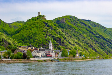 Monastery complex along the Rhine and Burg Sterrenberg on the hill in Kamp-Bornhofen, Germany