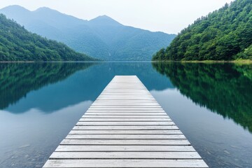 Wooden dock stretching into a tranquil mountain lake in summer