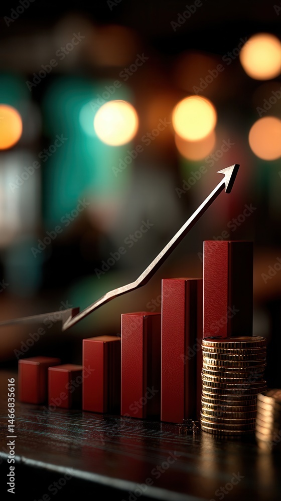 Poster optimistic financial growth chart with coins and bokeh background