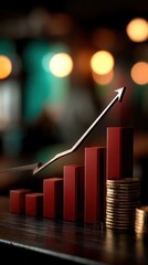 Optimistic financial growth chart with coins and bokeh background