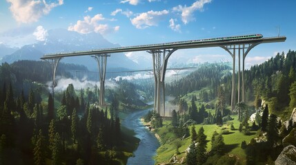 Fototapeta premium A high-speed railway bridge taking shape, its wide spans supported by tall columns bridging a picturesque valley of forests and streams. 
