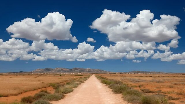 A scenic dirt road stretches through a vast desert landscape under a bright blue sky filled with fluffy clouds, inviting exploration