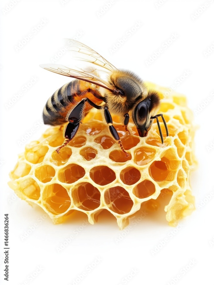 Poster honeybee on honeycomb close up macro shot on white background bee collecting nectar from honeycomb c
