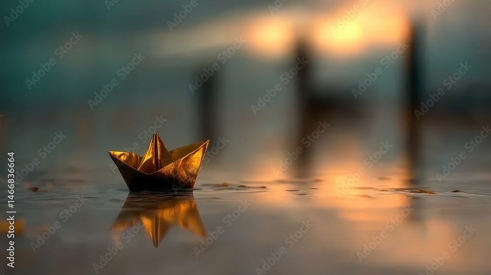 Poster childlike wonder in vintage space realms with a floating paper boat casting reflections in a mystica