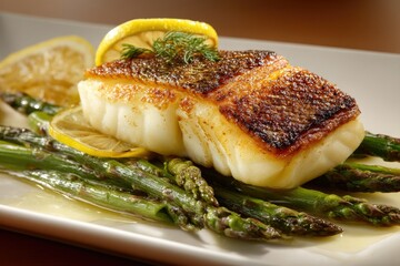 Pan-roasted sea bass with asparagus spears --ar 3:2 --v 7 Job ID: 9834ae56-cf5e-416a-b18e-5cd498861382