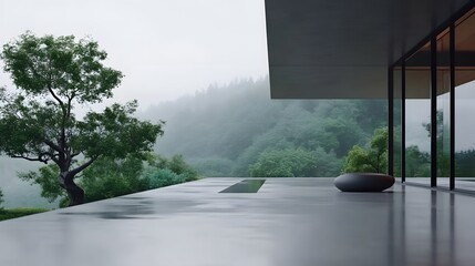 Fototapeta premium Modern Minimalist Architecture Rain Design Peaceful Serene Landscape View