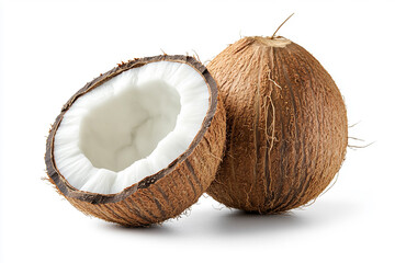 A close-up of two coconuts, one whole and the other halved, with the white coconut flesh visible. The bright, clean background emphasizes the natural texture and freshness of the coconut.