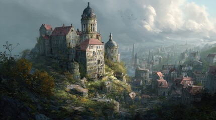 Medieval castle on hilltop overlooking city