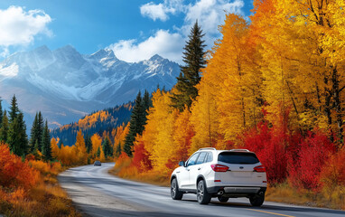 Obraz premium A white SUV driving on a winding road through a vibrant autumn forest, with colorful fall foliage and mountains in the background, creating a picturesque and adventurous autumn road trip scene. 