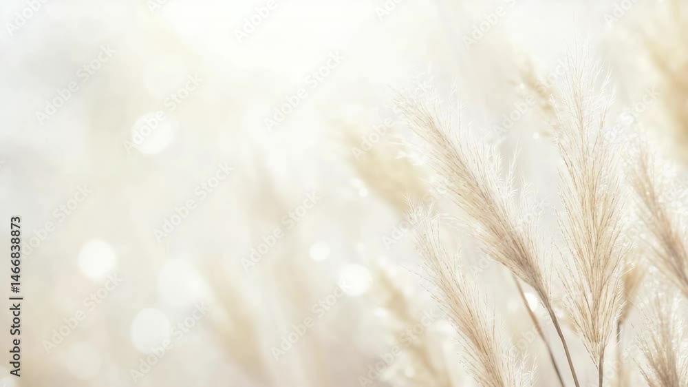 Poster pampas grass plumes are swaying gently in golden sunlight creating a dreamy bokeh effect, evoking a 