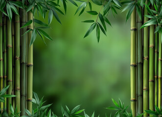 Fototapeta premium A close-up of bamboo stalks and vibrant green leaves, creating a calming and natural composition with a dark, blurred background, evoking a serene, nature-filled atmosphere.