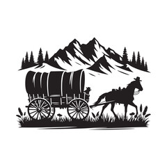 Pioneer Wagon Cowboy Vector Silhouette, Frontier Spirit, Western Trailblazer, Old West Adventure, Rugged Pioneer Life, Cowboy Heritage, Wagon Trail.
