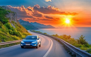 A car drives along a coastal road at sunset, with mountains in the background and the vibrant colors of the setting sun reflecting on the road, evoking a sense of adventure and freedom.