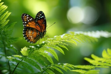 Obraz premium Butterfly perched on fern foliage, vibrant colors, soft light
