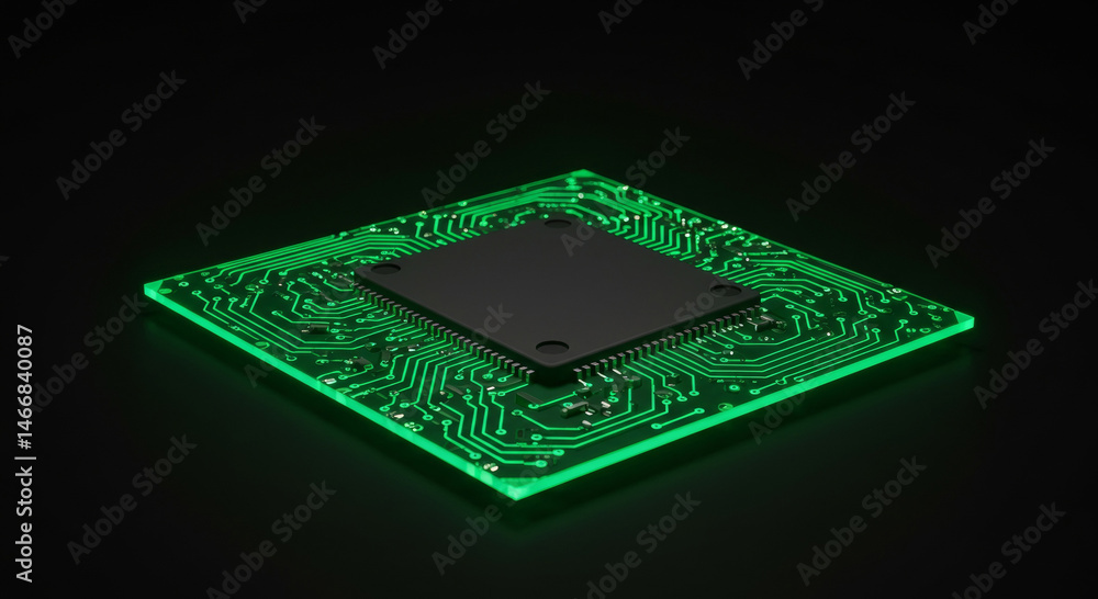 Aufkleber electronic circuit board with glowing green traces featuring a central black processor chip. elevate