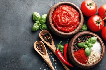 Tomato sauce and spices arranged