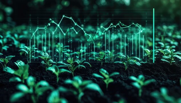 Growing seedlings overlaid with fluctuating graphs, showing a trend