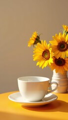 Delicate porcelain cup, vibrant sunflowers, minimalist orange table  ,  porcelain,  table