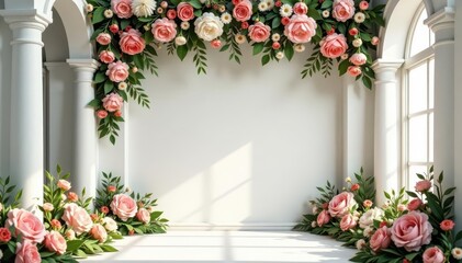 Elegant white columns frame lush floral arrangement, soft lighting , clean, white, outdoor