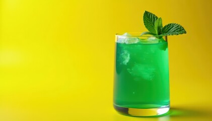 Emerald green drink, mint garnish, vibrant yellow backdrop, glassware, liquid, refreshment