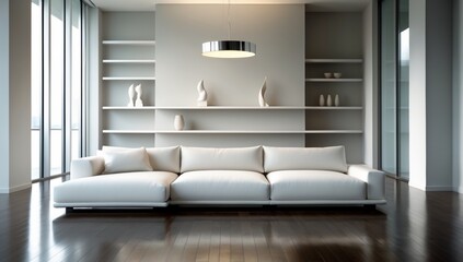 Minimalist Living Room with Modern White Couch, Gray Shelves, and Large Windows – Clean Interior Design.