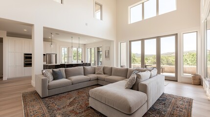 Fototapeta premium Luxury designer penthouse living space scenic hills interior design modern style wide angle elegance