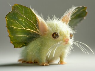 Cute and whimsical creature with large leaf ears sitting on a soft surface creating a charming fantasy aesthetic