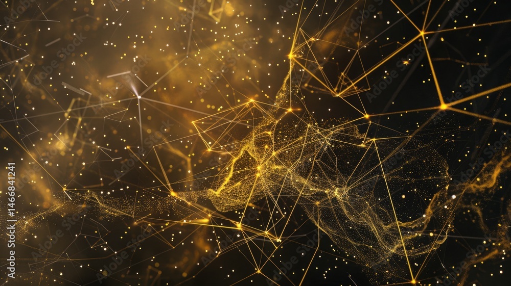 Poster abstract picture of golden particle with sparkle atom style design connect and flow show energy dyna