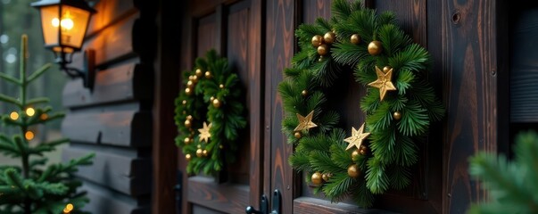 Fototapeta premium Luxurious dark green & gold holiday wreath on rustic cabin door , door, decoration, evergreen