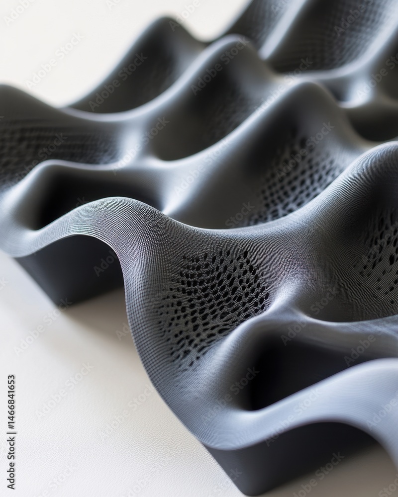 Poster close up of 3d printed gray undulating structure with perforations on white surface studio shot desi