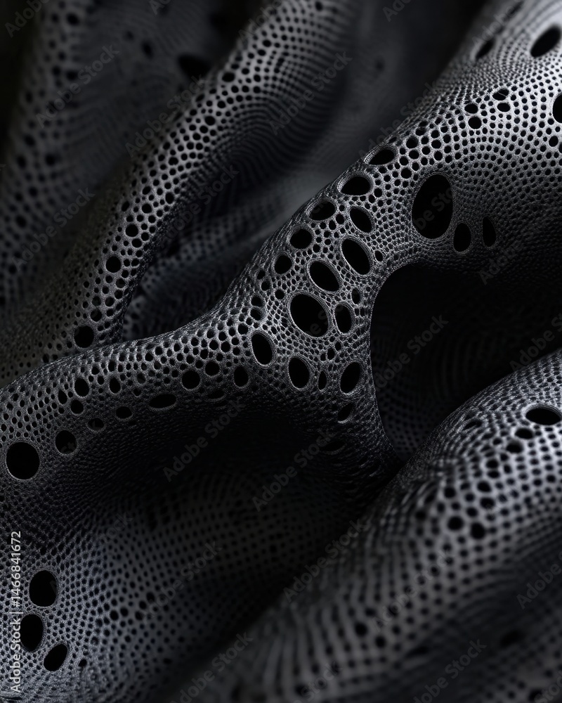 Poster abstract dark perforated material with folds close up texture background studio shot macro photograp