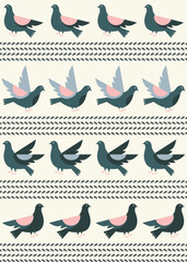 Geometric pigeon pattern with soft pastel colors. Seamless bird stripes pattern in folk style. Minimalist pigeon repeat design with leaves. Stylized pigeon rows pattern in soft tones