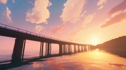 Obraz premium A long bridge stretching over a calm body of water, silhouetted against a vibrant sunset, with soft clouds adding texture to the glowing sky. 