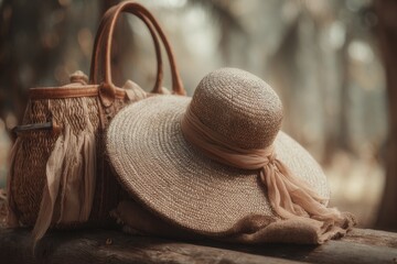 Light beige straw hat and woven bag resting on wooden surface amidst blurred forest backdrop