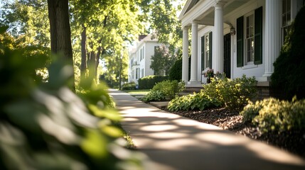 Fototapeta premium Sunny Suburban Street Scene Walkway Houses Lush Greenery