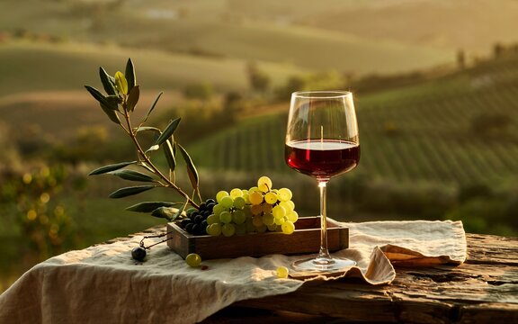 autumn Tuscany, Italy, Tuscan vineyard wine glass at sunset
