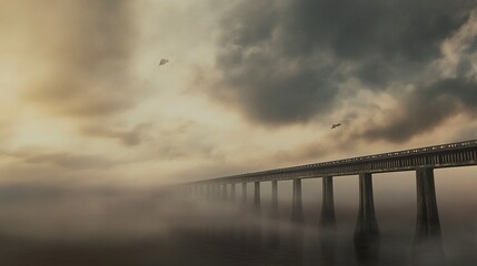 Fototapeta premium A long, desolate bridge shrouded in thick fog, its end obscured, creating an ethereal and enigmatic atmosphere. 