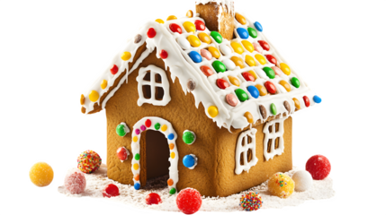 A vibrant depiction of a gingerbread house decorated with icing and candies, isolated on white background