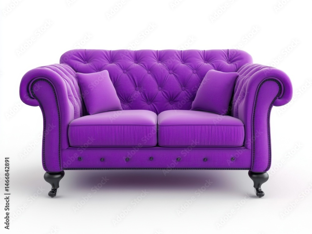 Poster purple chesterfield sofa front view with pillows on white background in studio setting for interior 