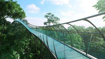 Obraz premium A long glass bridge with curved railings and a clear deck, stretching over a lush forest, allowing an immersive view of the treetops below. 