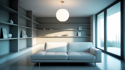 Minimalist Living Room with Modern White Couch, Gray Shelves, and Large Windows – Clean Interior Design.