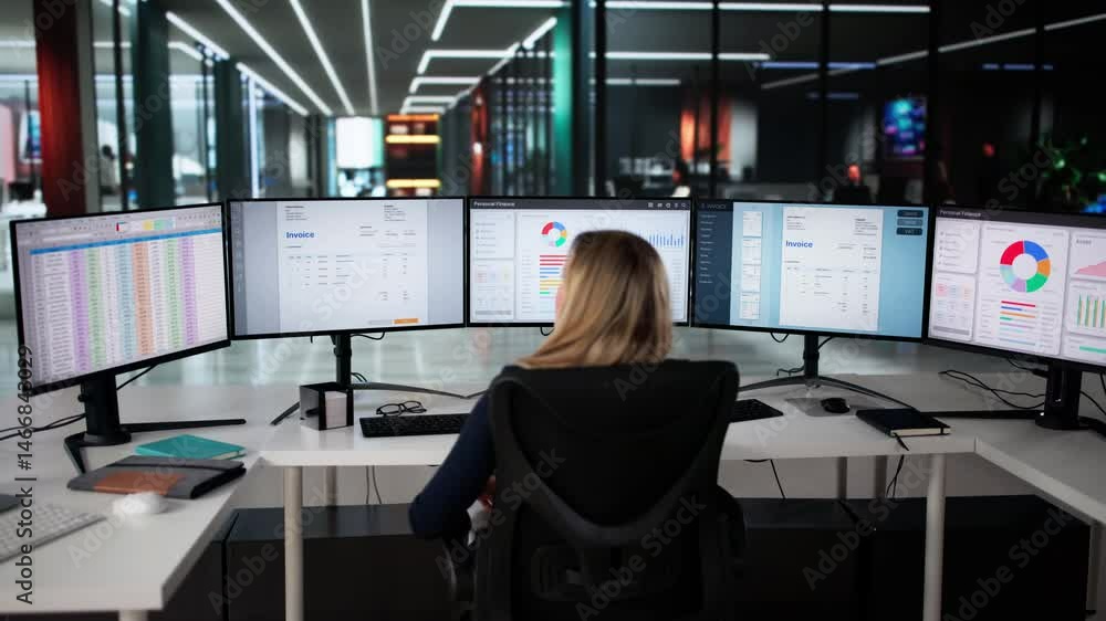 Poster woman using desktop spreadsheet software