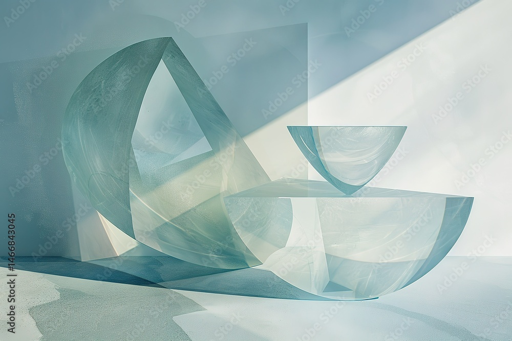 Poster abstract geometric shapes in soft blue tones with light and shadow creating depth