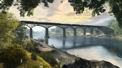 A long railway bridge extending across a peaceful river, its supports rising from the water and framed by the beauty of the surrounding landscape.  