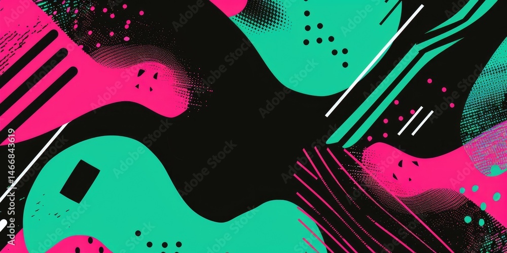Poster pink black green with geometric shapes on surface of digital cyber design express scene of cyberspac