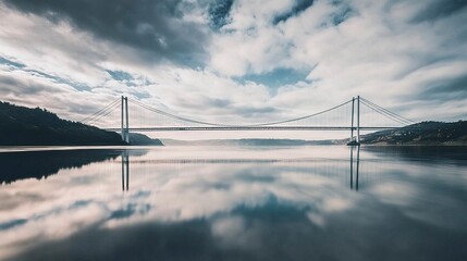 A long suspension bridge stretching across a vast river, its cables and towers mirrored in the rippling water beneath. 