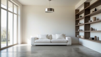 Minimalist Living Room with Modern White Couch, Gray Shelves, and Large Windows – Clean Interior Design.