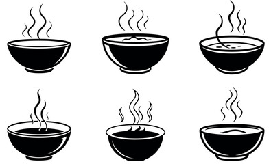 Black Bowl with Steaming Hot Liquid Icon Set