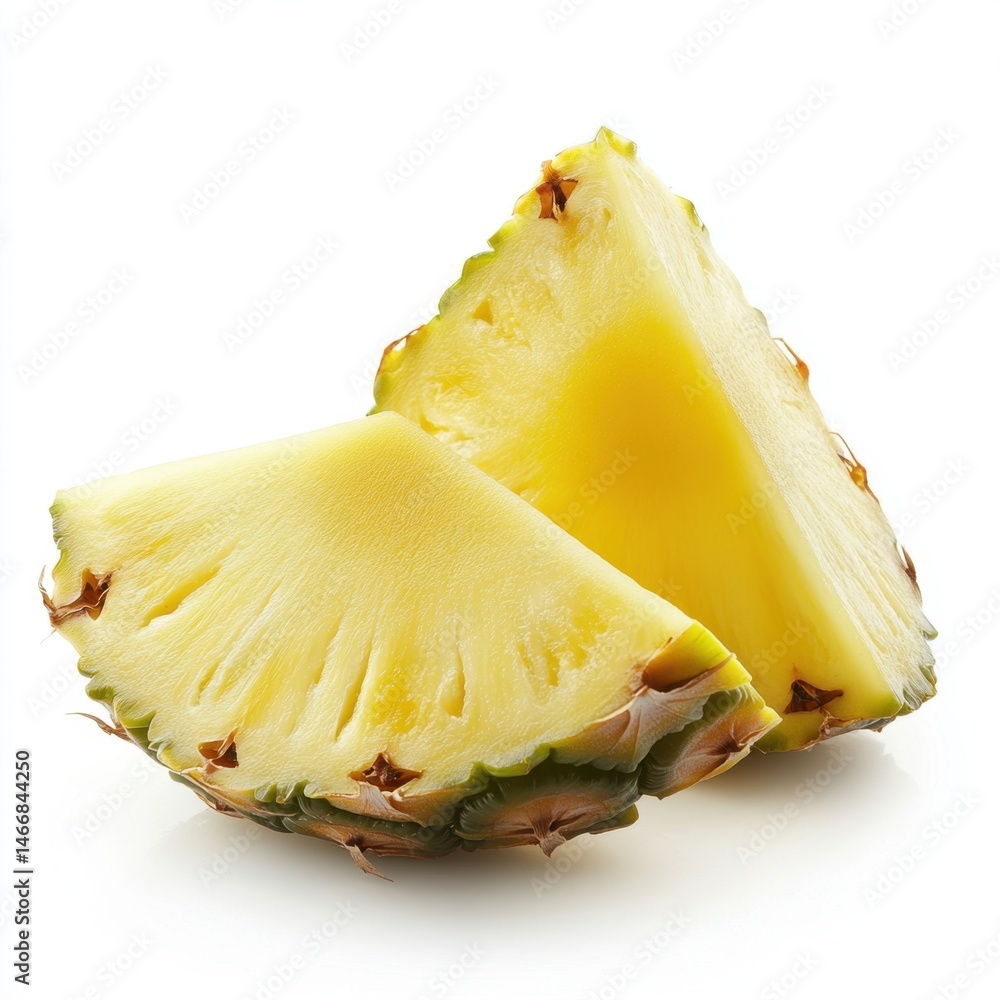 Poster close-up of two pineapple slices on white background showing texture and color detail in studio ligh